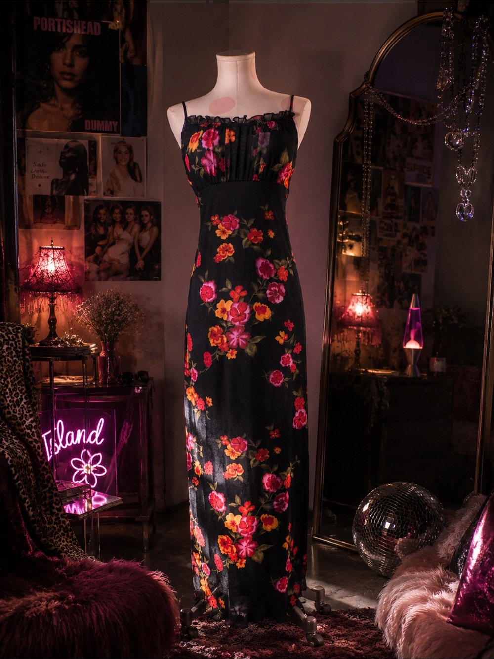 🌹💕 California Concepts Vintage Y2K Black Floral Ruffle Mesh Maxi Dress Sz Large
